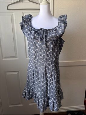 C&V Blue Floral Embroidered Ruffle Mini Dress Tie Neck Size XL